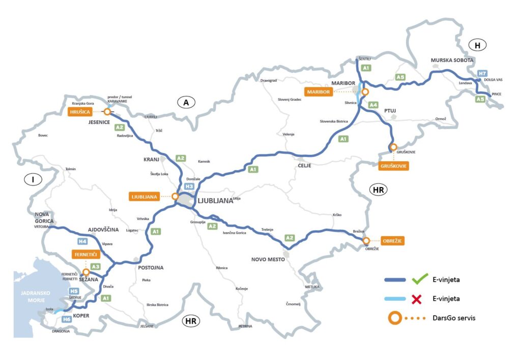 Slovinsko: Mapa zpoplatněných úseků dálnic
