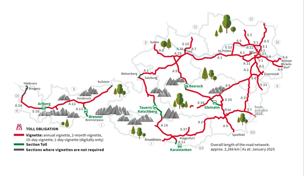 Mapa zpoplatněných a nezpoplatněných úseků rakouských dálnic
